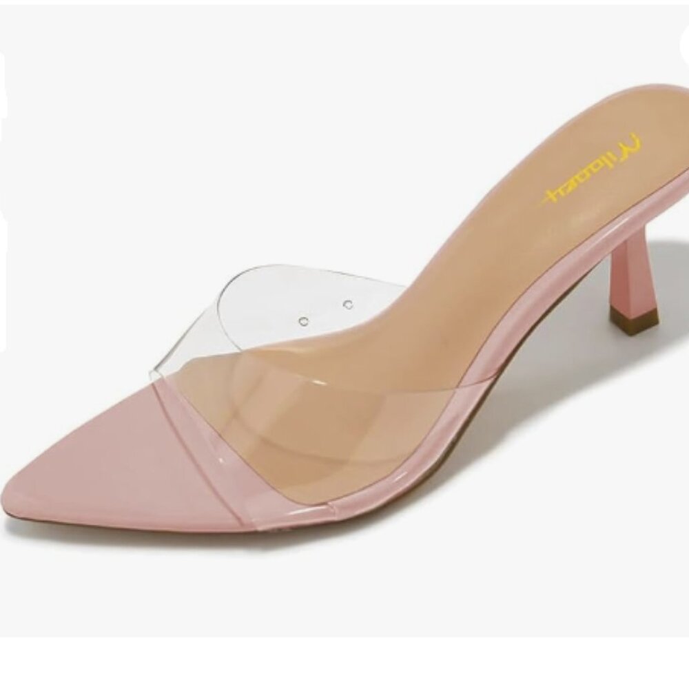 Milooey shoes Women's Kitten Heel Mules Open Pointed Toe Slide Sandals Pink